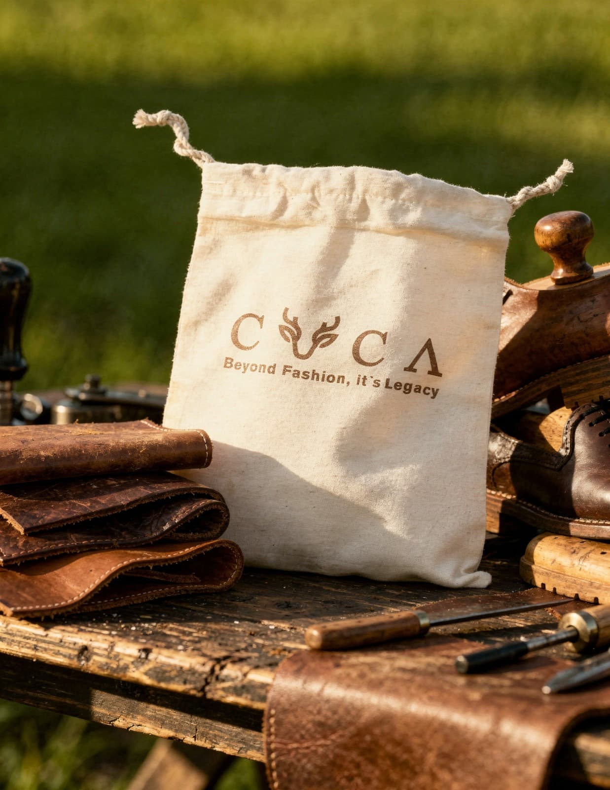 The CUCA cotton bag standing on a workbench in low evening light, beside rolled leather and a finished shoe.