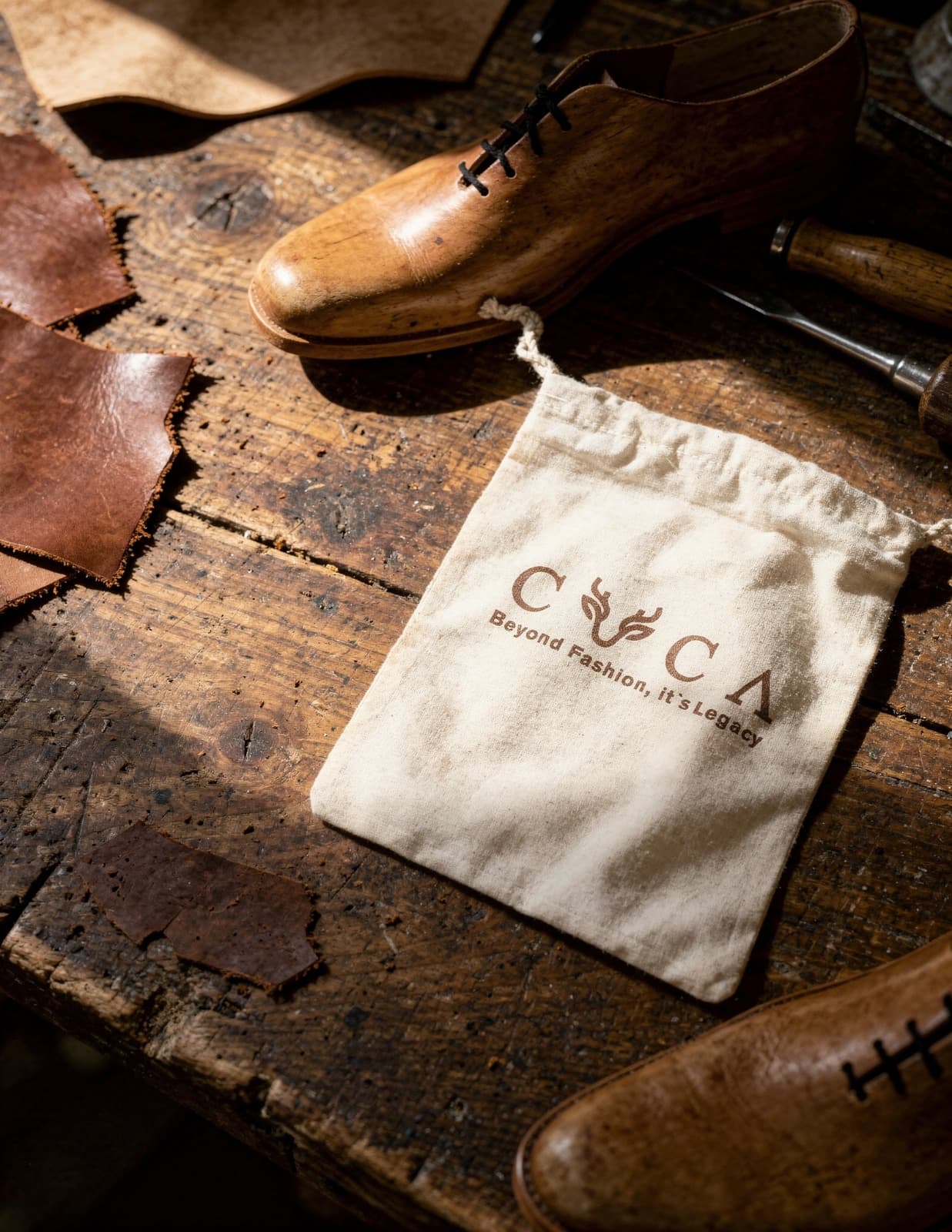 A CUCA cotton bag on a workshop bench, beside a wooden shoe last, offcuts of leather and an awl.
